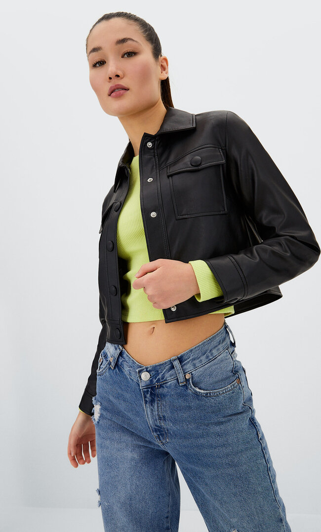 

Stradivarius Truckerjacke Aus Kunstleder Schwarz Xs
