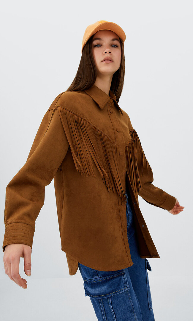 

Stradivarius Hemdjacke Aus Wildlederimitat Mit Fransen Braun L