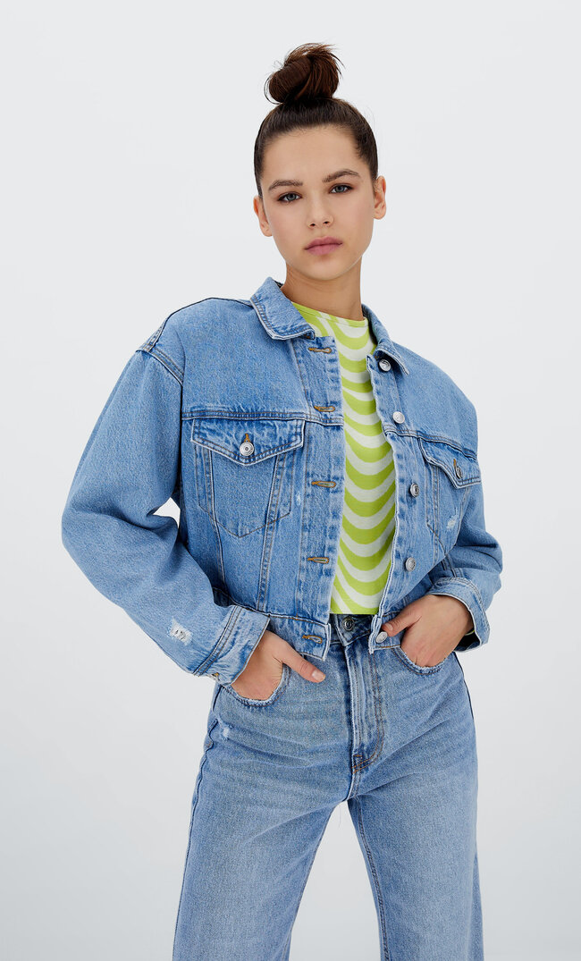 

Stradivarius Cropped-Jeansjacke Medium Light Blue Denim Xs