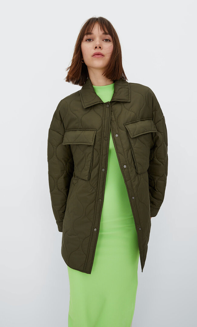 Stradivarius Pikowana Kurtka Koszulowa Khaki Xs