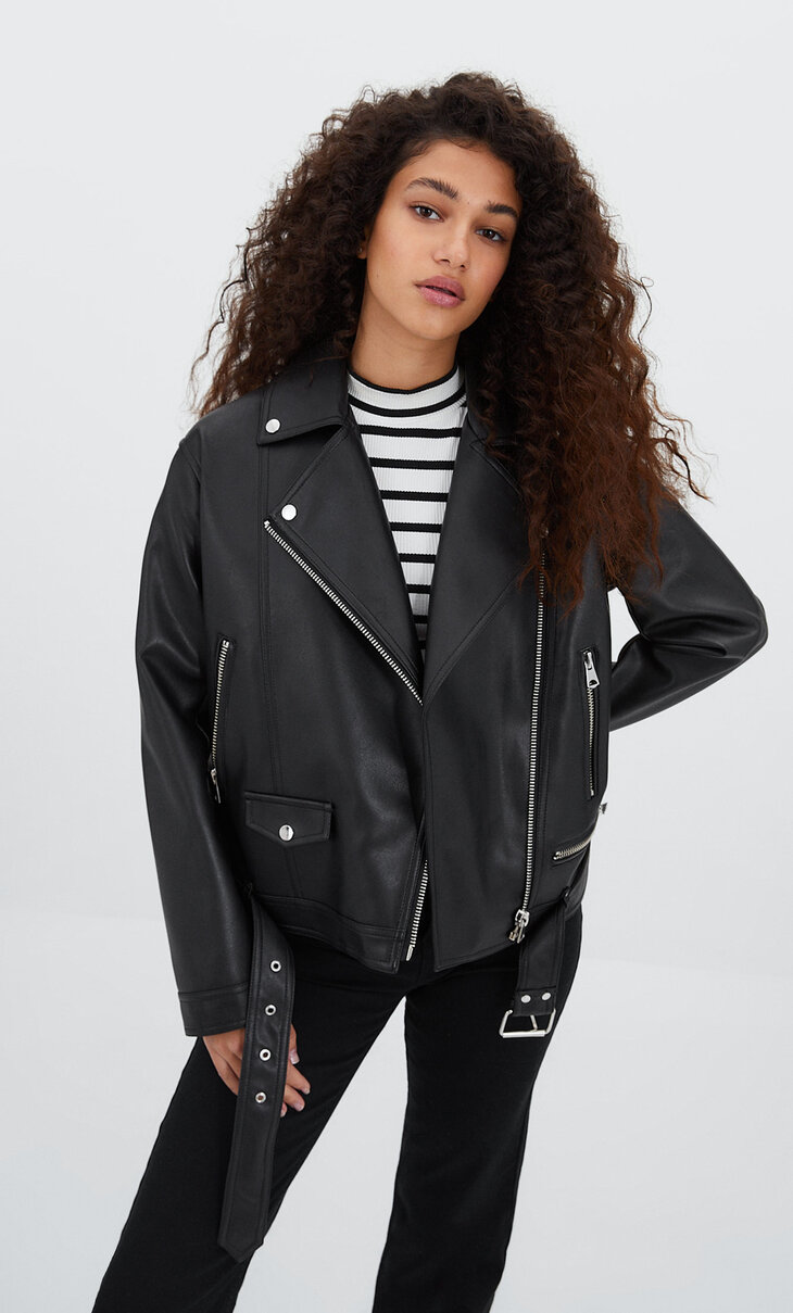 Mid-length faux leather biker jacket