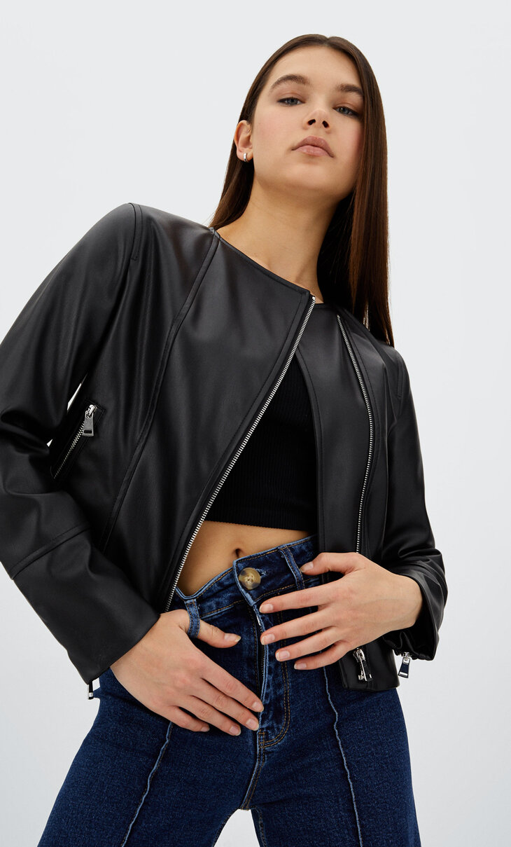Collarless faux leather jacket
