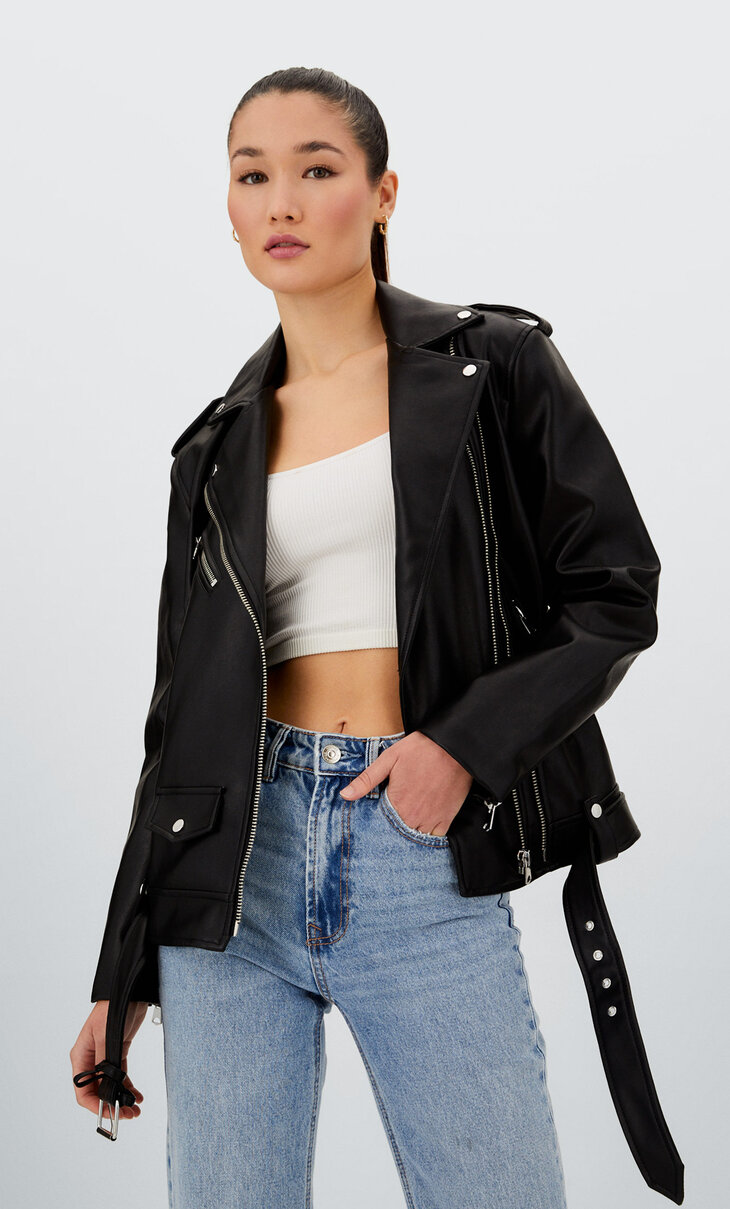Oversized faux leather biker jacket