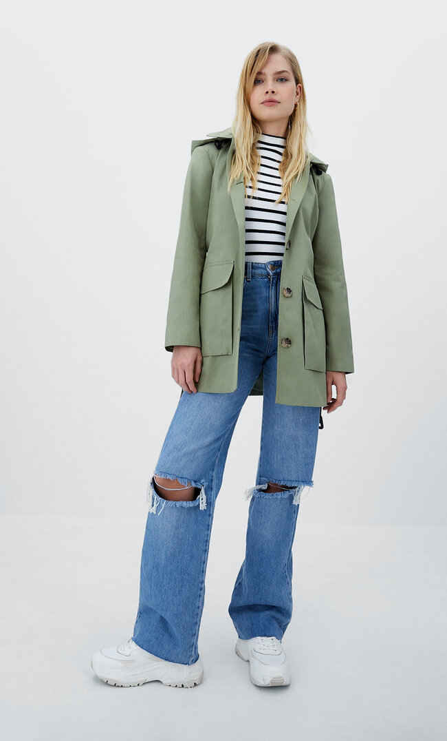 

Stradivarius Wasserabweisender Trenchcoat Mit Kapuze Grün S