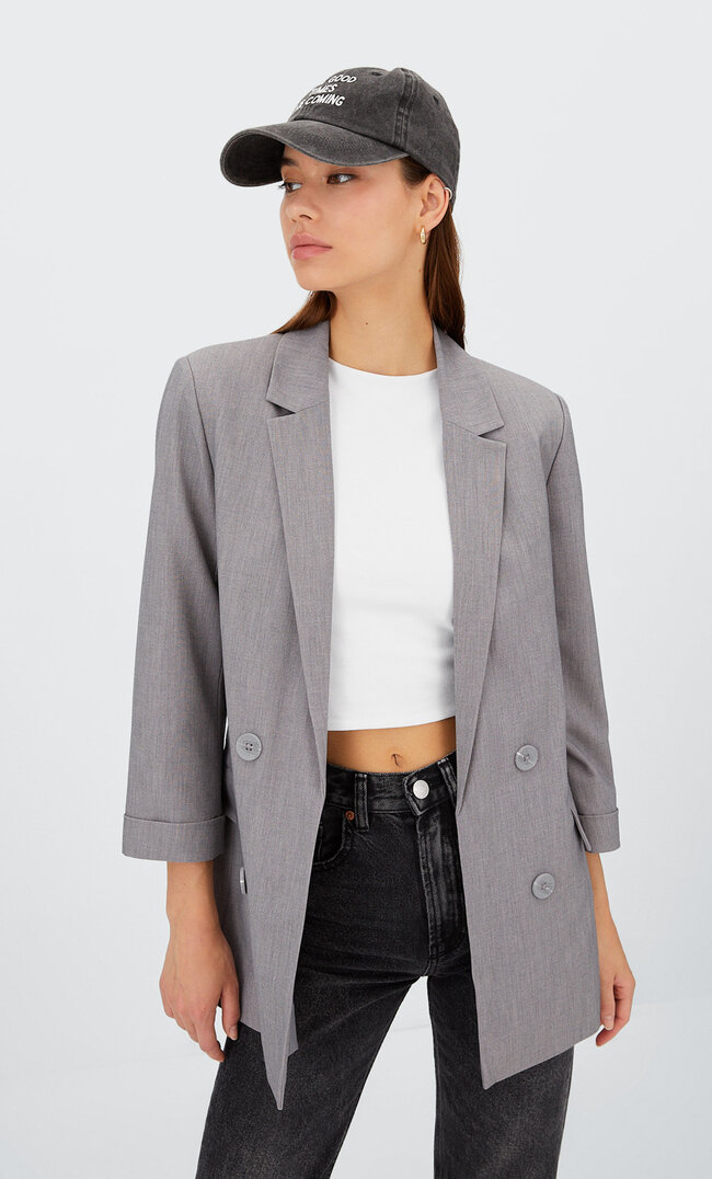 

Stradivarius Zweireihiger Offener Blazer Graumeliert Xl