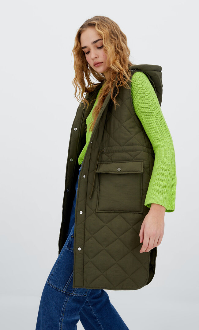 Stradivarius Lange Steppweste Khaki Xs