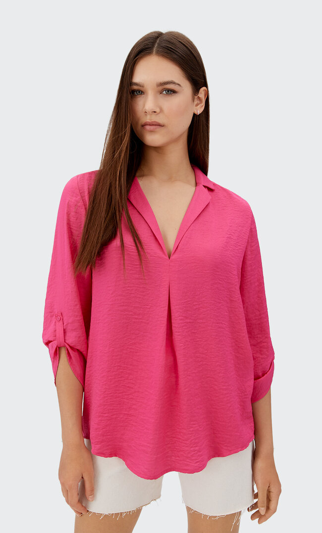 

Stradivarius Satinbluse Mit Reverskragen Fuchsia L