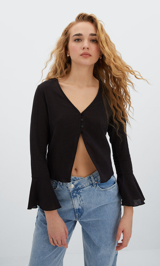 

Stradivarius Offene Bluse Mit Glockenärmeln Schwarz Xs