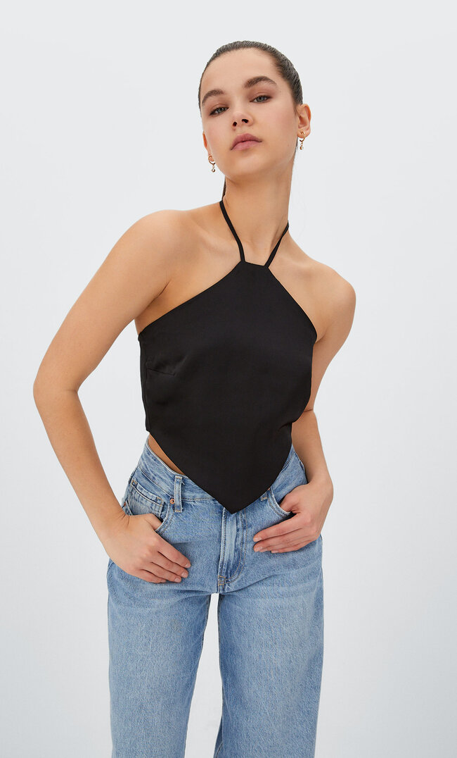 

Stradivarius Satynowy Top Z Dekoltem Halter Czarny Xl