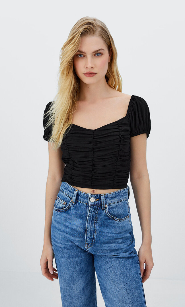Stradivarius Crêpe-Top Mit Raffung Schwarz Xs