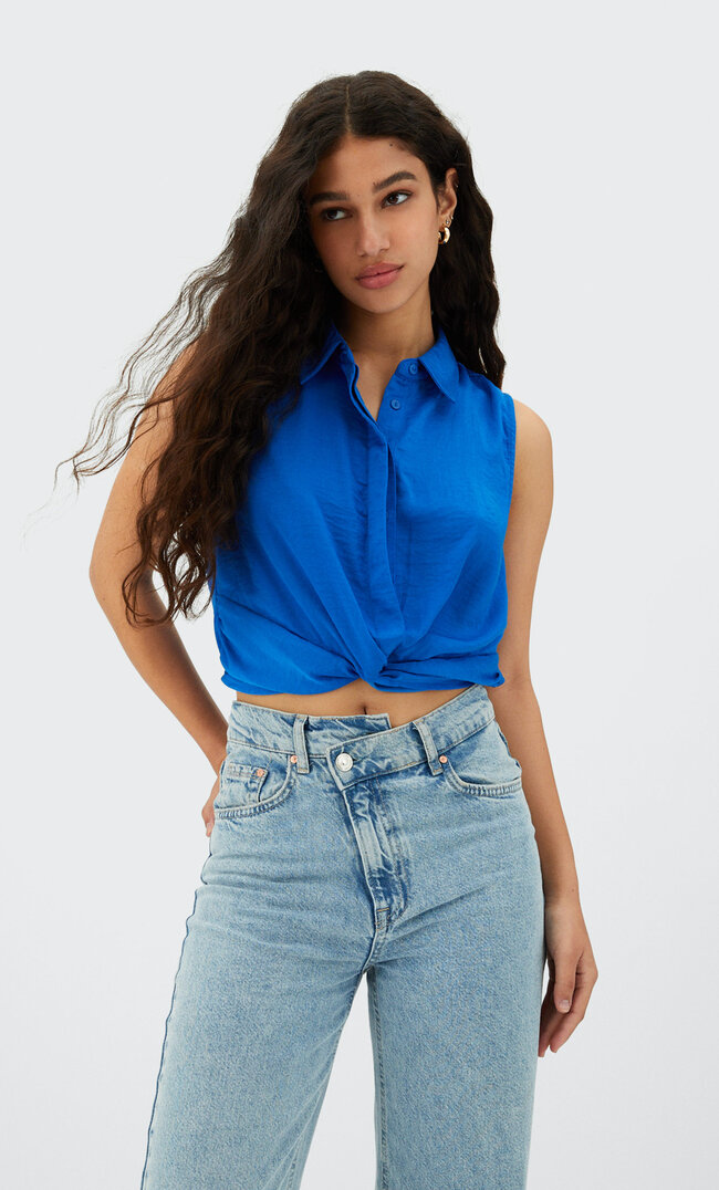 

Stradivarius Ärmelloses Hemd Mit Zierknoten Blau Xs