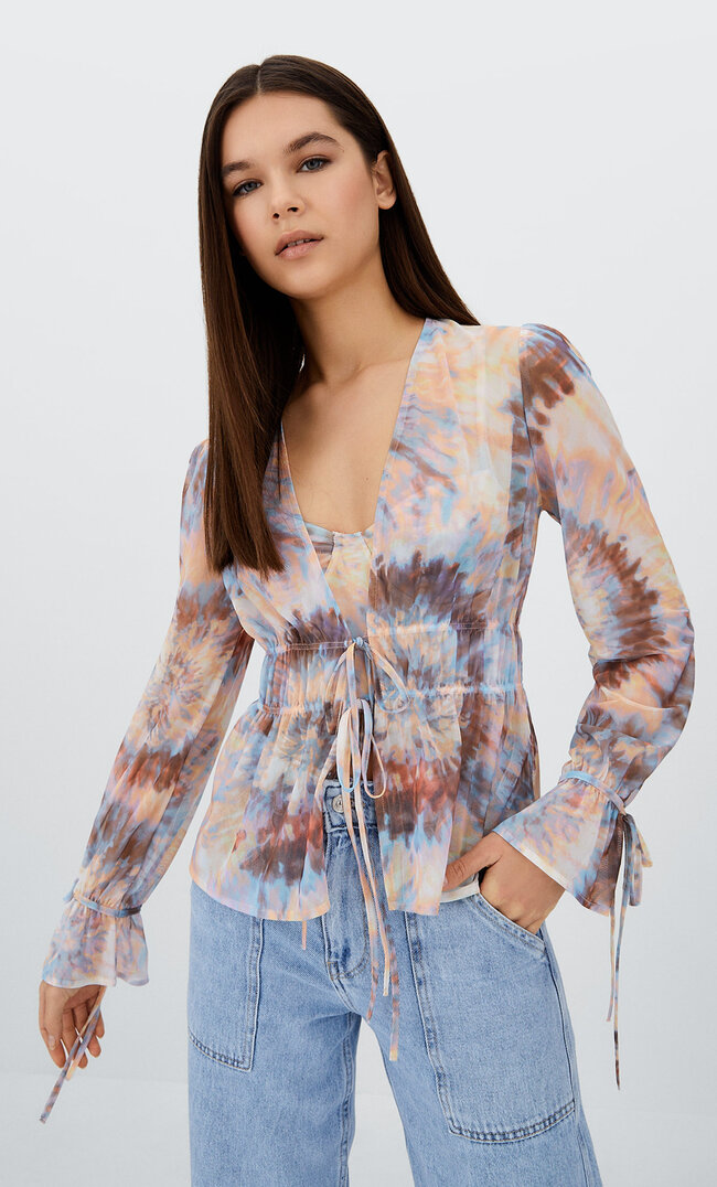 Stradivarius Bedruckte Tüllbluse Beige L