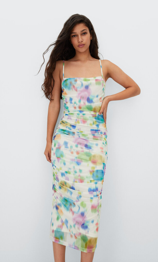 

Stradivarius Tüll-Midikleid Mit Print Elektrisch Blau S