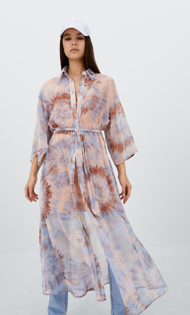 

Stradivarius Wzorzysta Sukienka Midi Typu Kimono Błękitny M