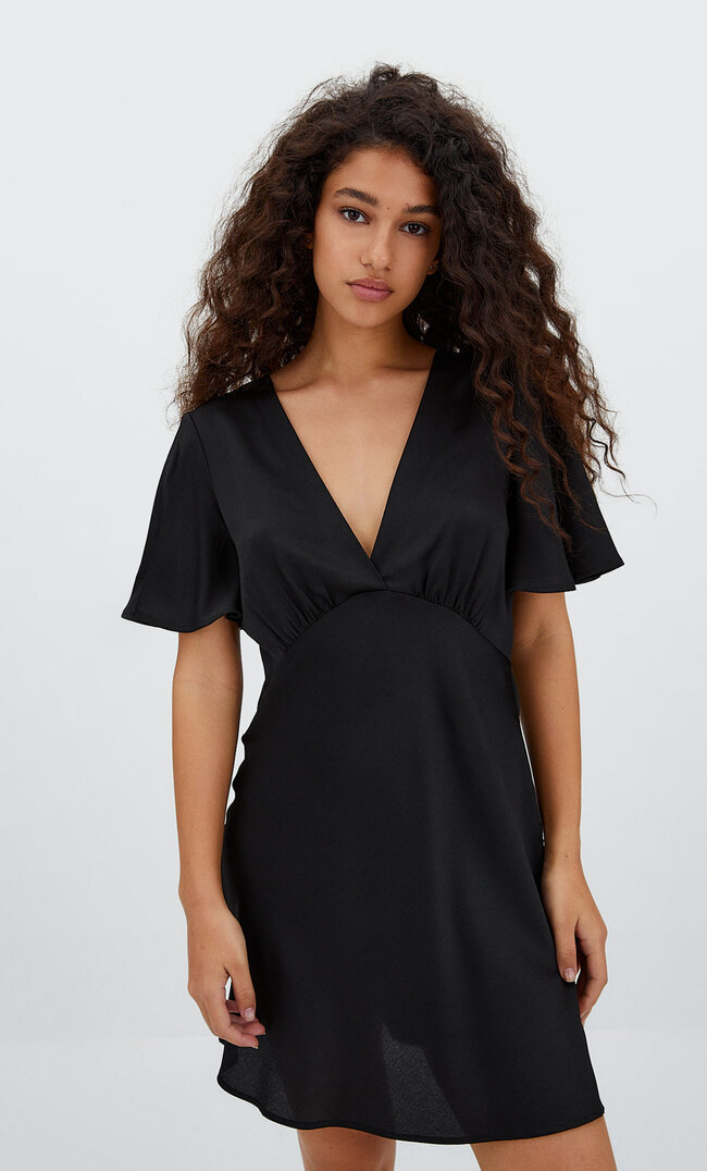 Stradivarius Kurzes Satinkleid Schwarz Xl