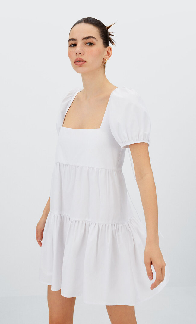 

Stradivarius Kurzes Popelin-Kleid Weiß L