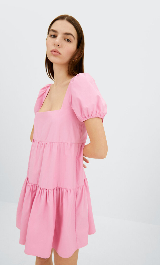 

Stradivarius Kurzes Popelin-Kleid Kaugummirosa Xl