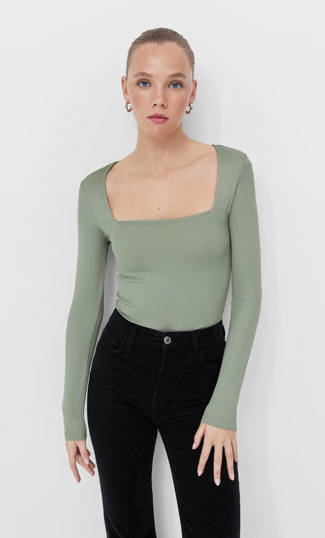 

Stradivarius Shirt Mit Kastenausschnitt Khaki Xs