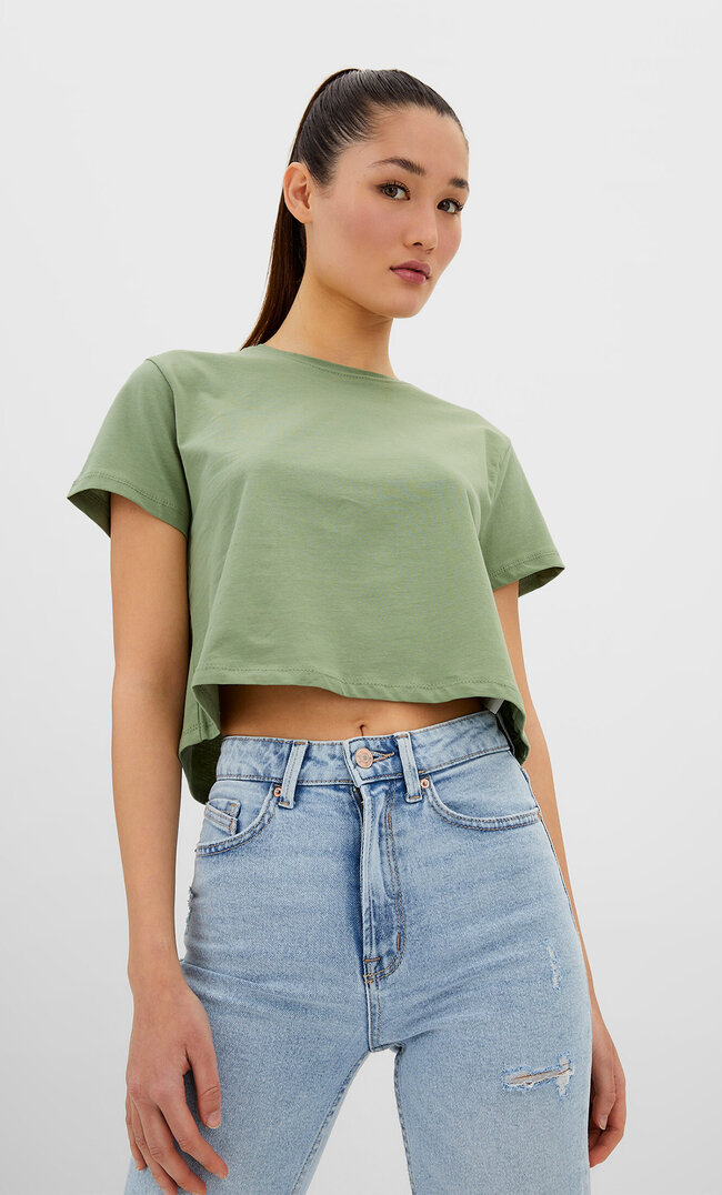 

Stradivarius Krótka Koszulka Basic Z Krótkim Rękawem Khaki Xs