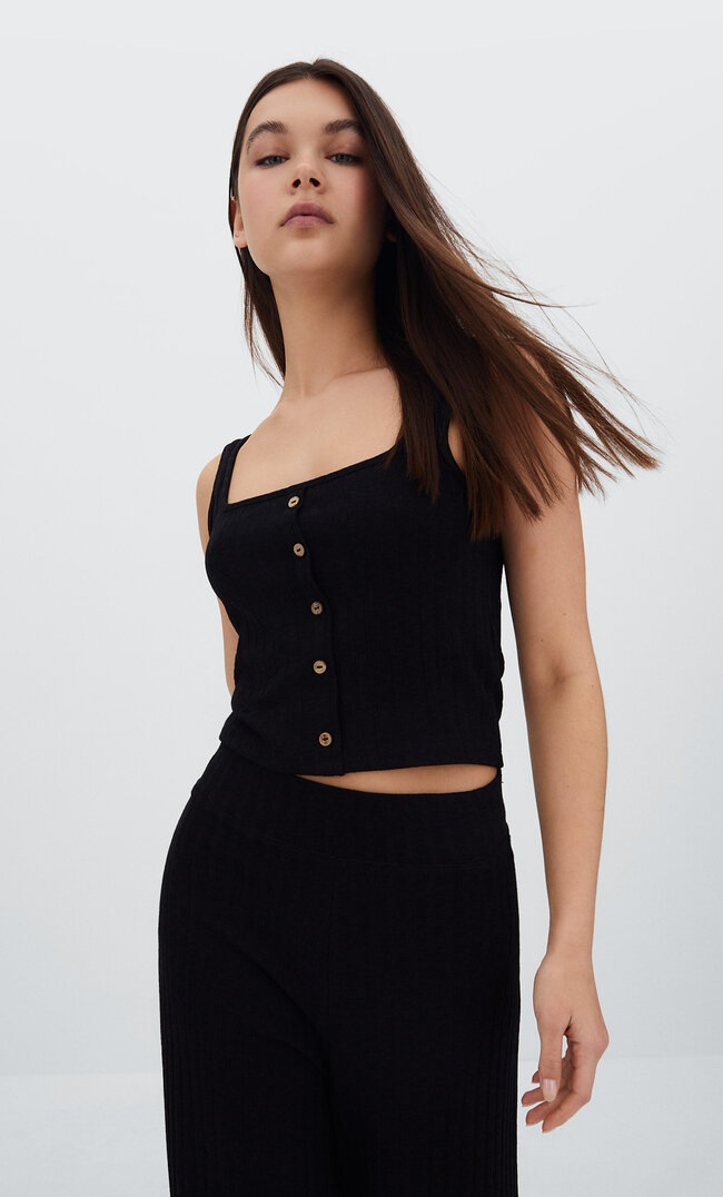 

Stradivarius Rustikale Cropped-Weste Mit Knöpfen Schwarz S