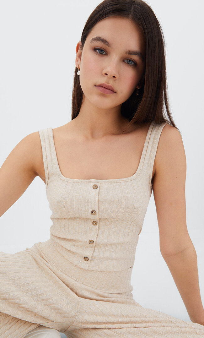 

Stradivarius Krótki Top W Rustykalnym Stylu Z Guzikami Szary Xl
