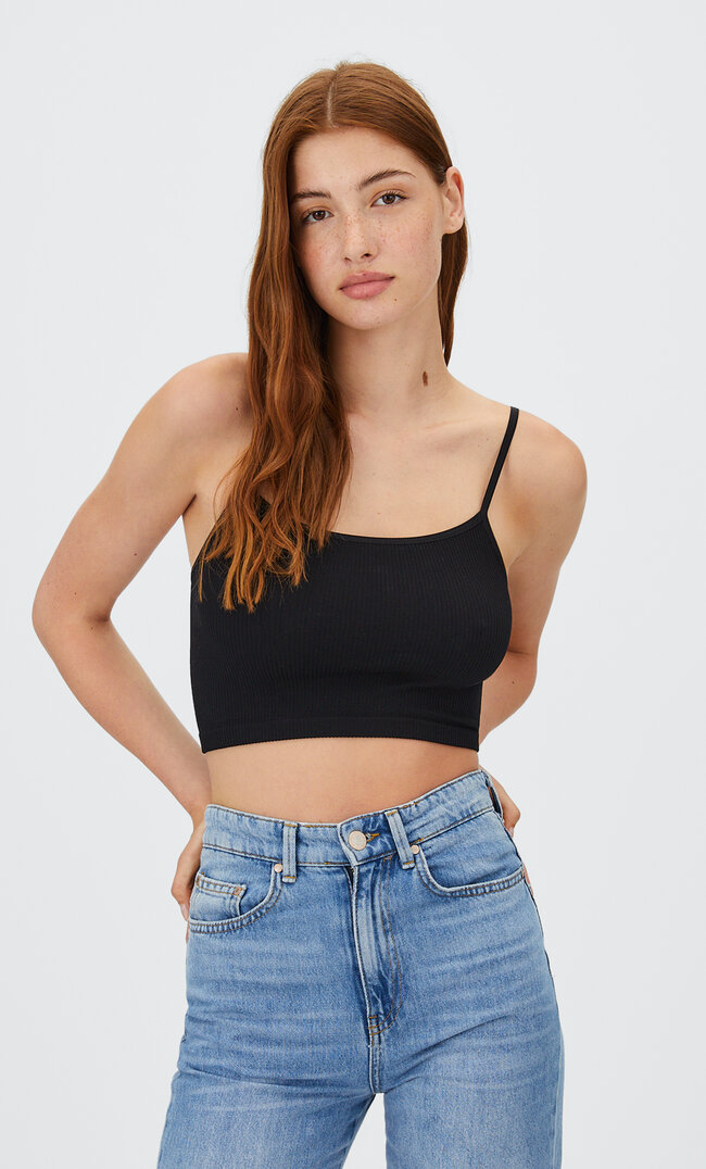 

Stradivarius Krótki Bezszwowy Top Na Ramiączkach Czarny M