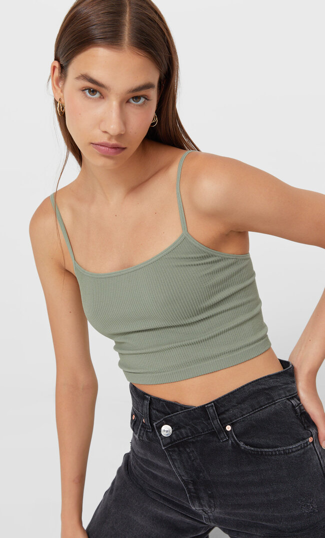 

Stradivarius Krótki Bezszwowy Top Na Ramiączkach Khaki S