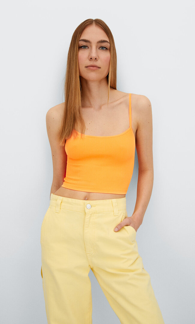 

Stradivarius Nahtloses Cropped-Top Mit Schmalen Trägern Orange Xxs