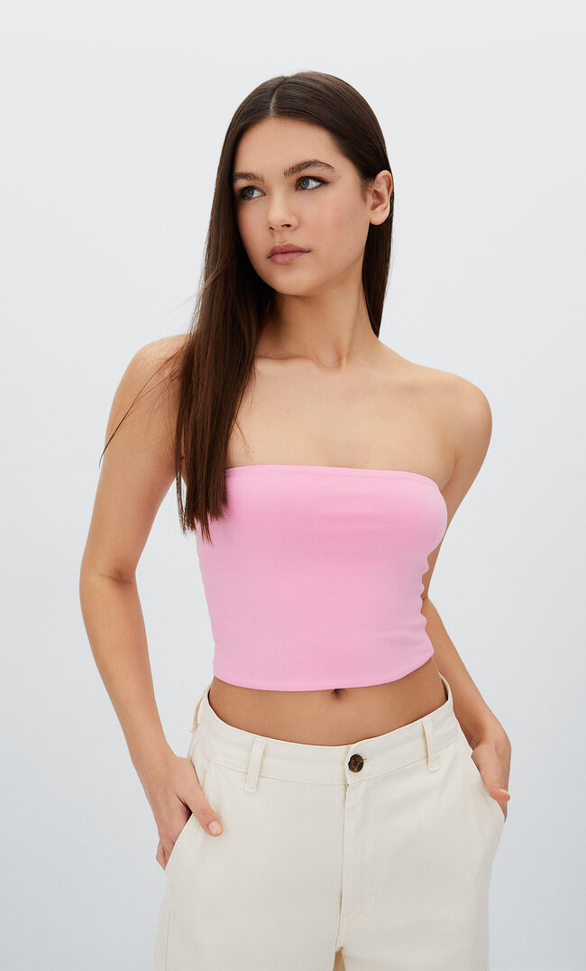

Stradivarius Top Basic Z Dekoltem Bandeau Cukierkowy Róż L