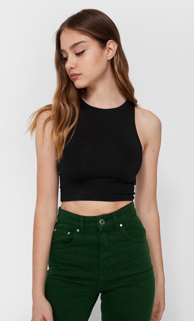 Stradivarius Krótki Top Z Poliamidu. Czarny L