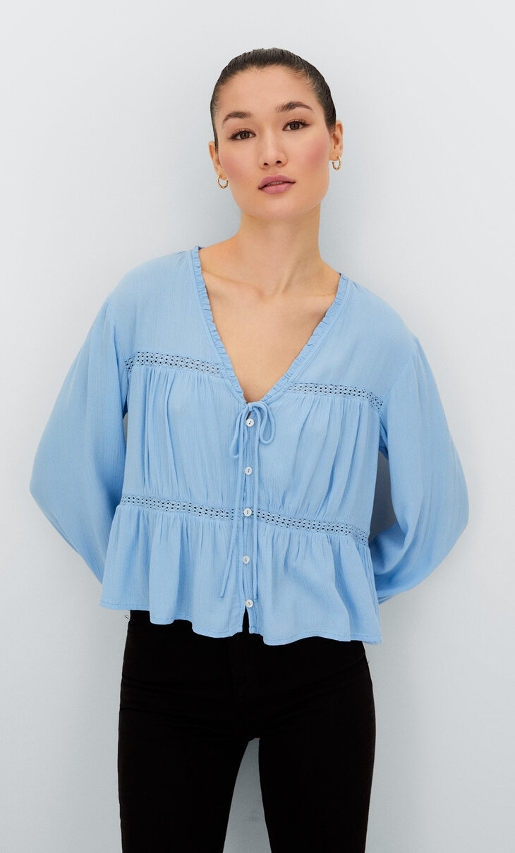 Lace-trimmed crepe blouse