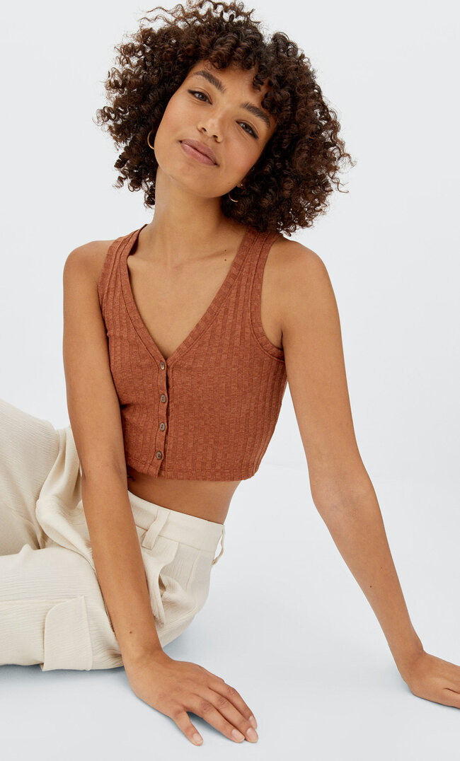 

Stradivarius Top W Rustykalnym Stylu Na Guziki Brązowy Xs