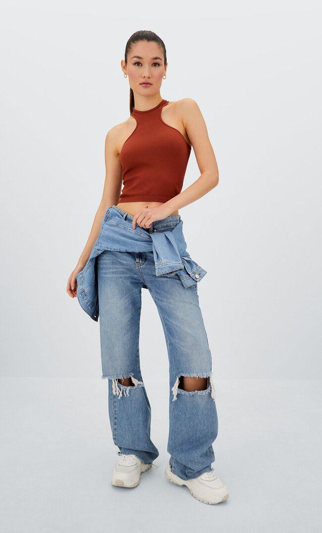 

Stradivarius Ärmelloses, Nahtloses Shirt Helles Camel L