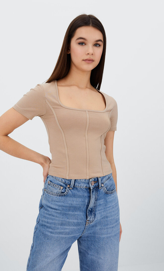 Stradivarius T-Shirt Mit Stäben Steingrau M