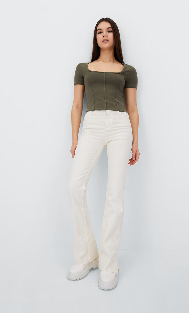 

Stradivarius Bluzka Z Krótkim Rękawem I Przeszyciami Khaki Xs