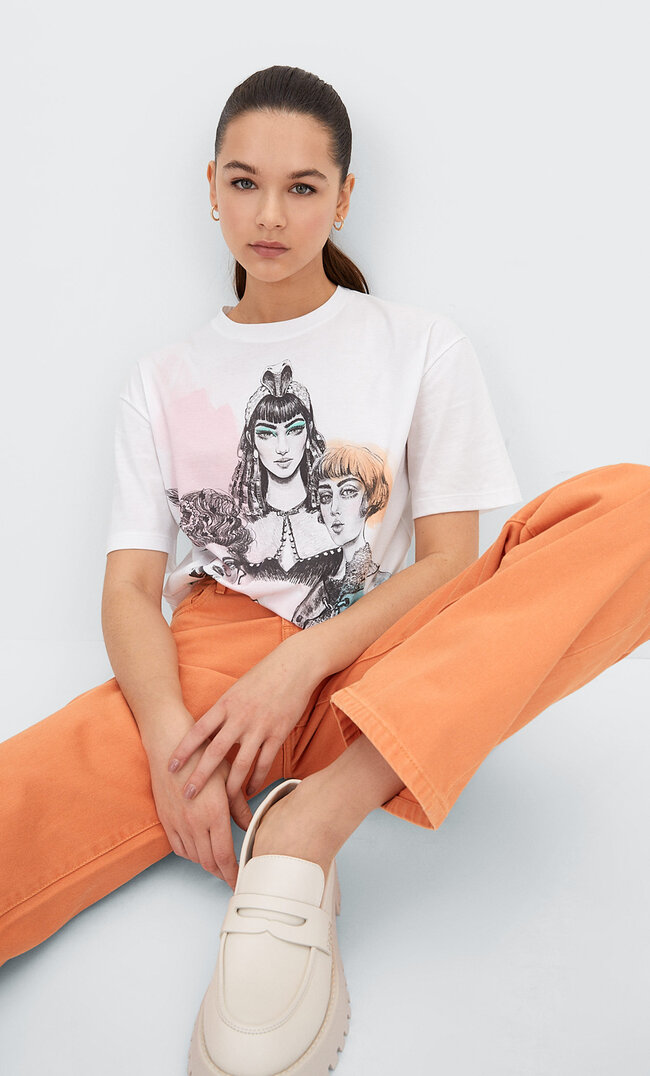 Stradivarius Shirt Mit Frauenmotiv Weiß S