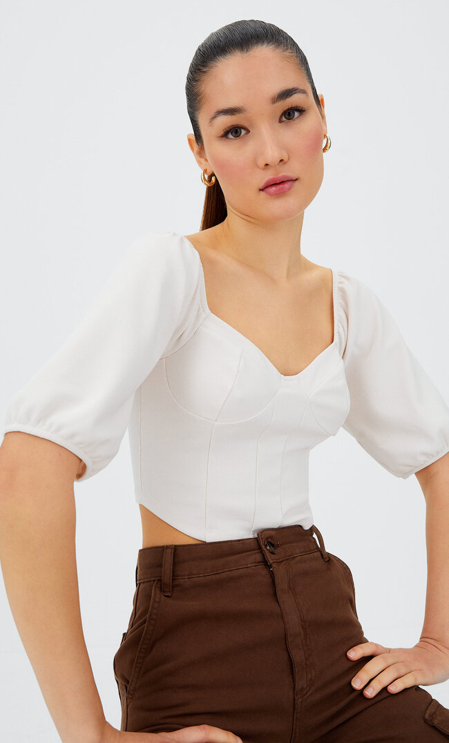 

Stradivarius Korsett-Shirt Mit Ballonärmeln Vanille L