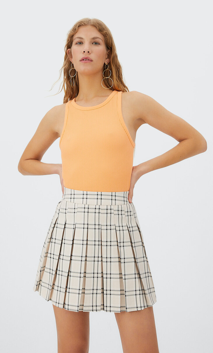Checked box pleat skirt