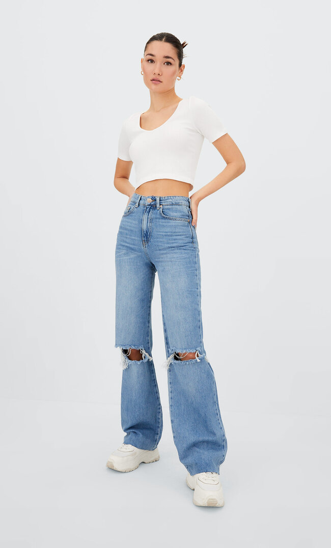 

Stradivarius Jeansy O Kroju Straight Fit Denimowy Średni Light Blue 32