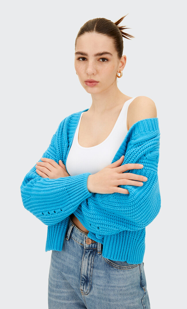 Stradivarius Kardigan Ze Splotem Warkoczowym Turkusowy Xl