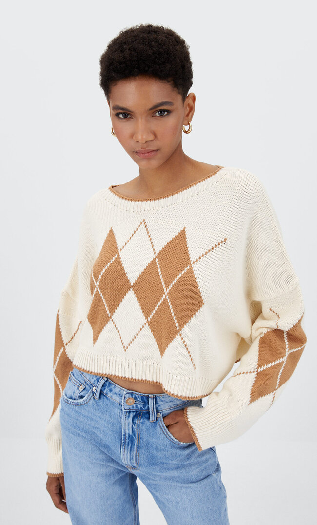 Stradivarius Cropped-Pullover Mit Rautenmuster Vanille Xl