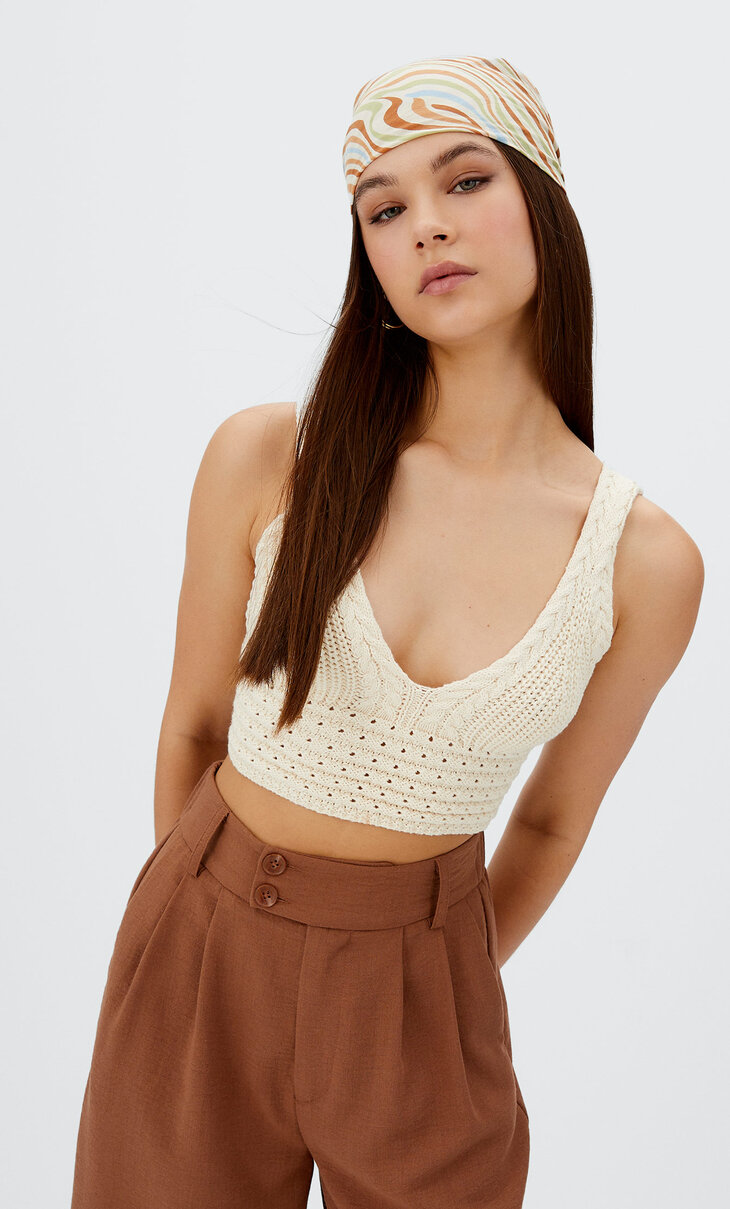 Crochet top with cable-knit detail