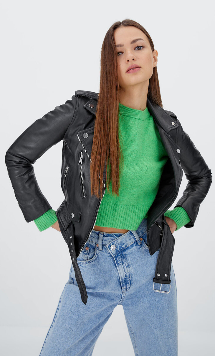 stradivarius green leather jacket