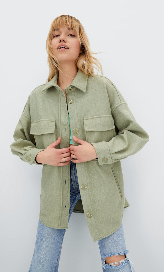 Stradivarius Koszula Wierzchnia Oversize Z Dzianiny Khaki S