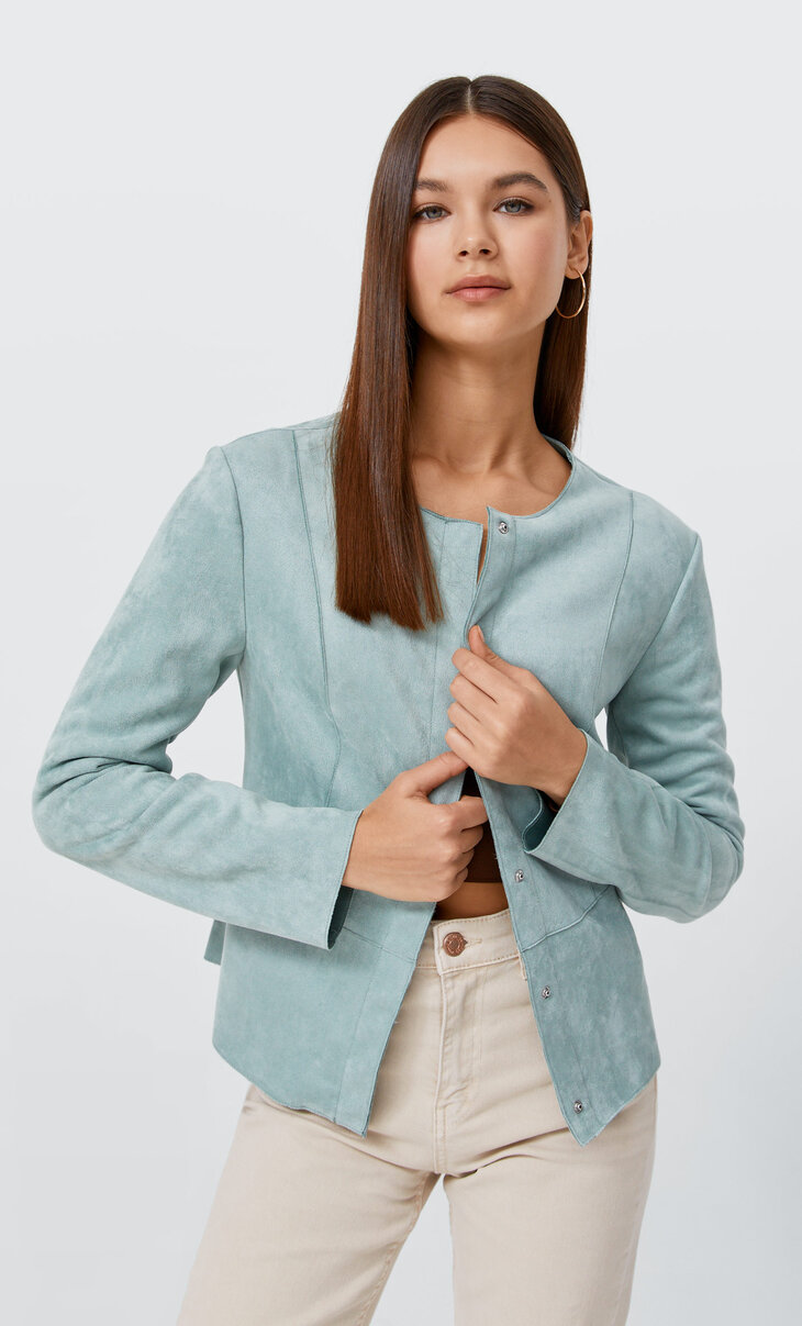 Faux suede jacket with round neck