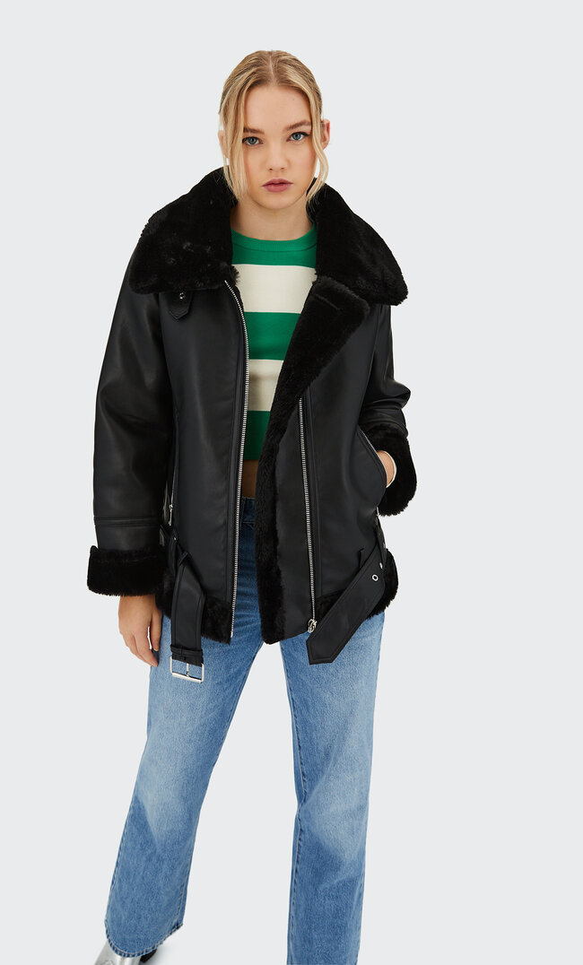 

Stradivarius Dwustronna Kurtka Aviator Ze Sztucznej Skóry Czarny Xs