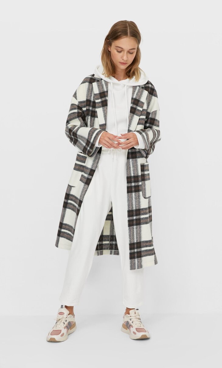 Checked knit open coat