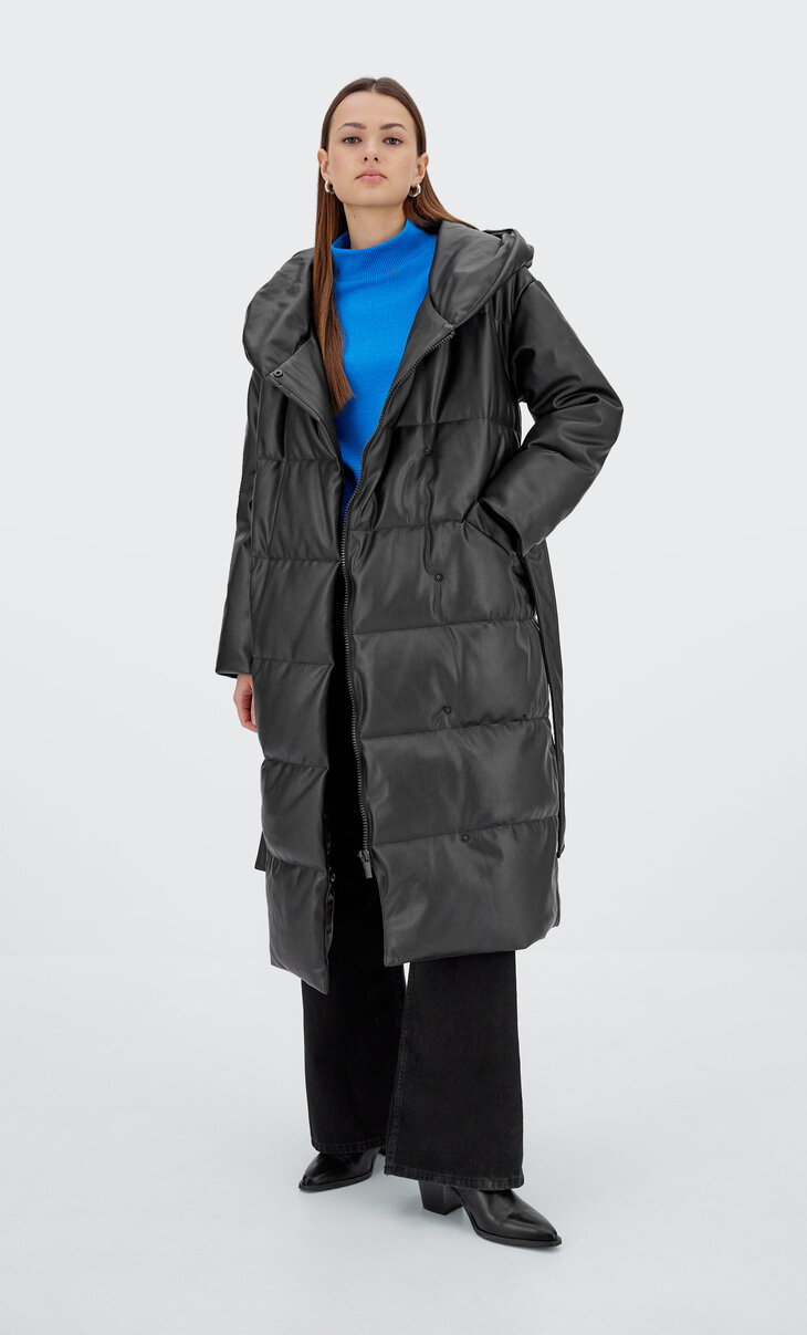 Faux leather puffer coat with belt