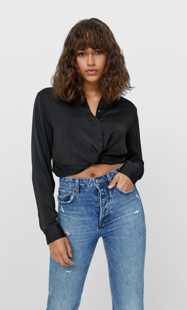 Stradivarius - Satin shirt with knot detail