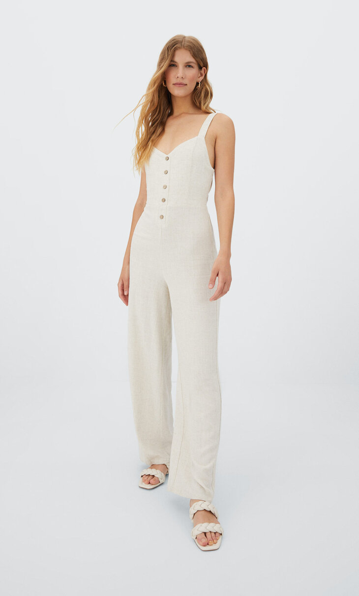 Linen long jumpsuit with button-up front